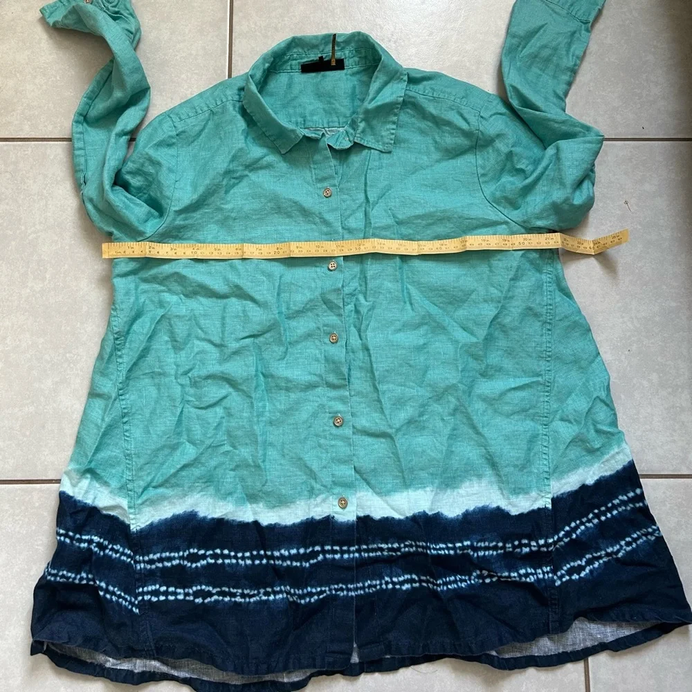 Donna Karan New York Women's Linen Lagenlook Blue Button Up Blouse - Picture 7 of 10